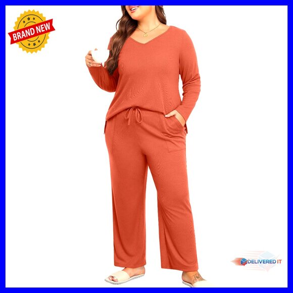 Plus Size Knit Pajama Set Long Sleeve V Neck Top Wide Leg Pants Pockets